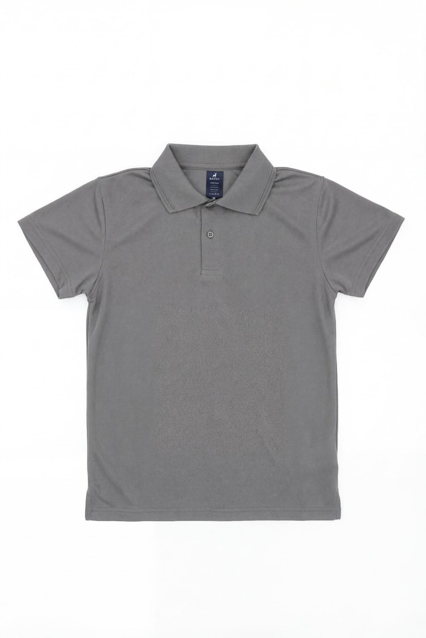A grey polo shirt featuring a collar and short sleeves, with a label and logo on the inside.