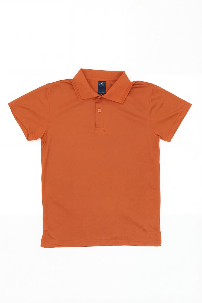 An orange youth polo shirt with a collared neckline and short sleeves, featuring a branding logo.