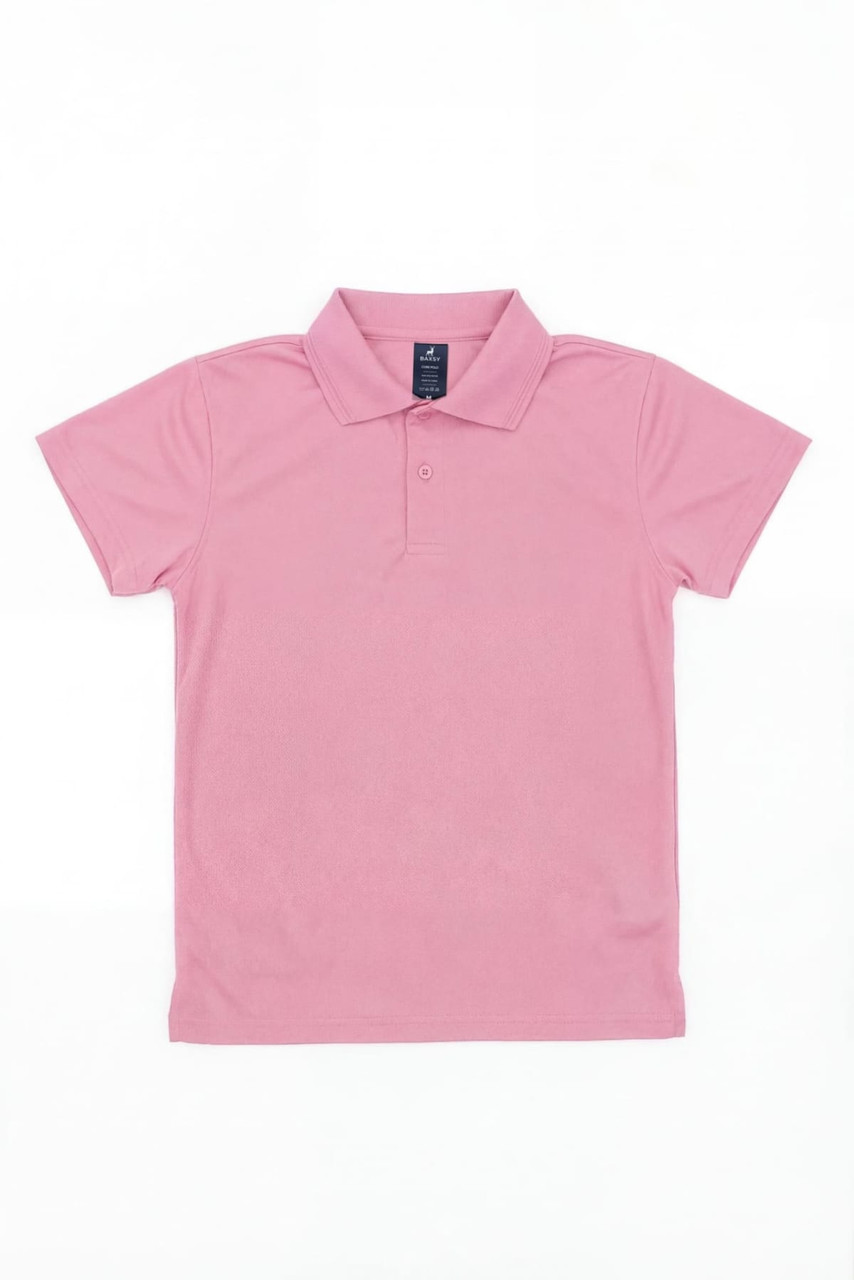 A pink Youth Core Polo shirt featuring a collar and short sleeves, with a logo on the label.