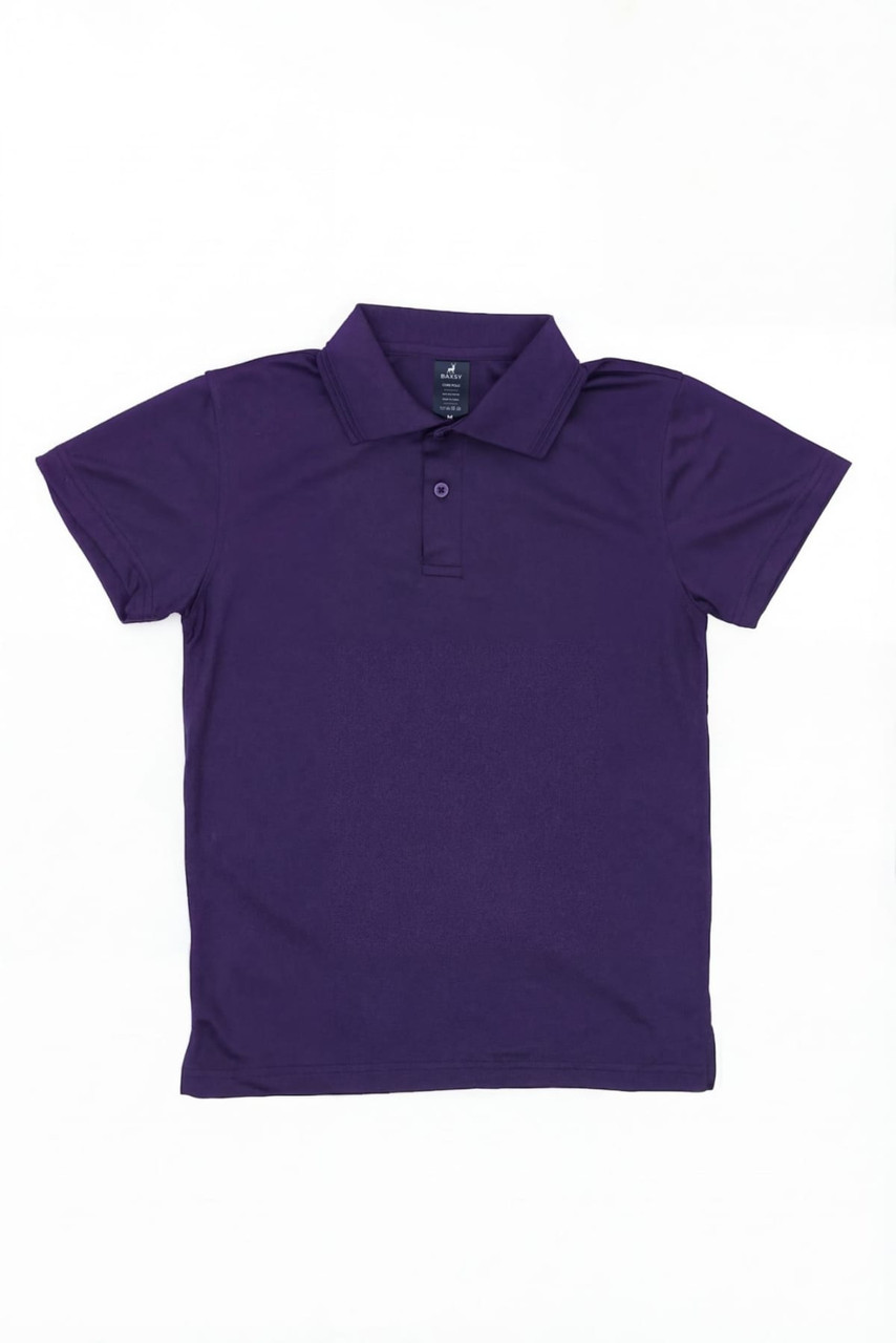 A purple polo shirt with a collar and three buttons, featuring a logo.