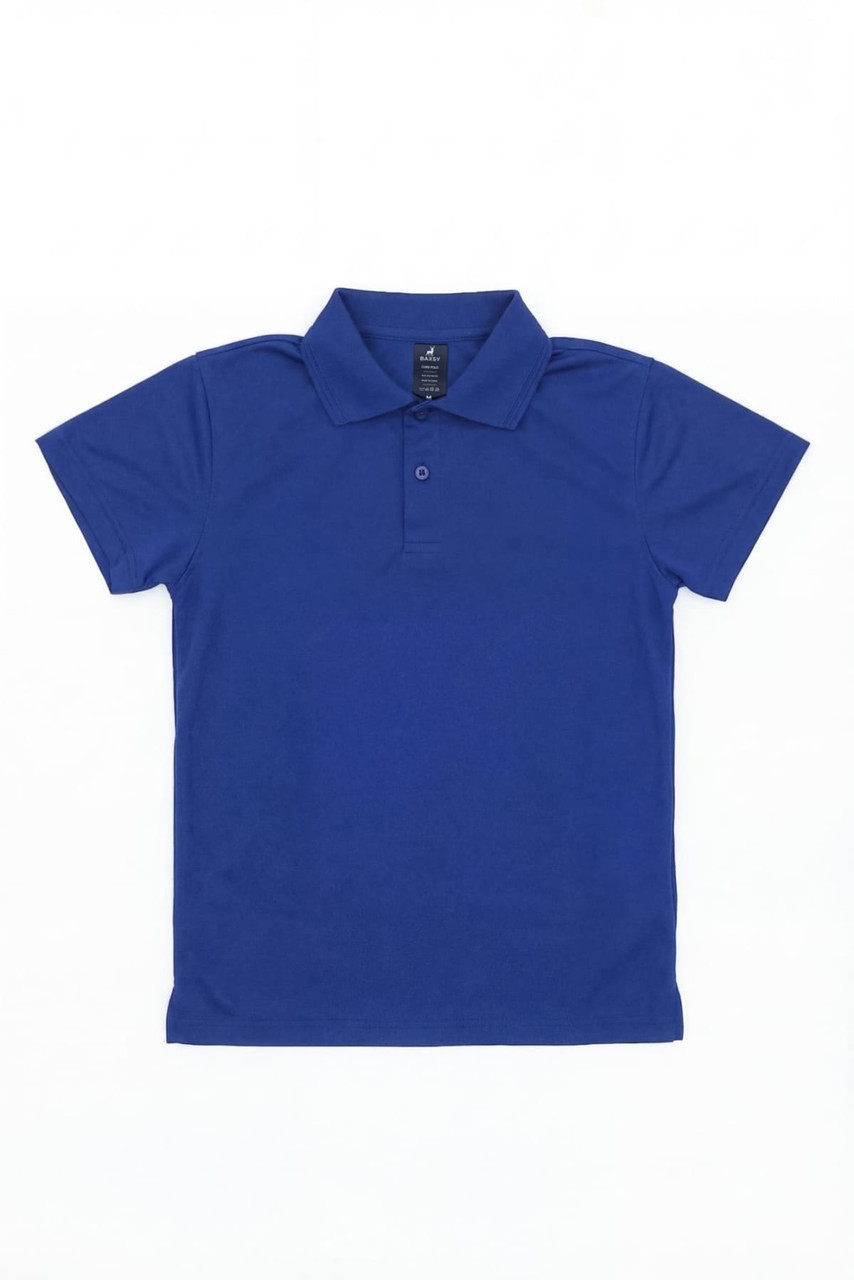 A blue Youth Core Polo featuring a classic collar and short sleeves. The shirt has a branded label.