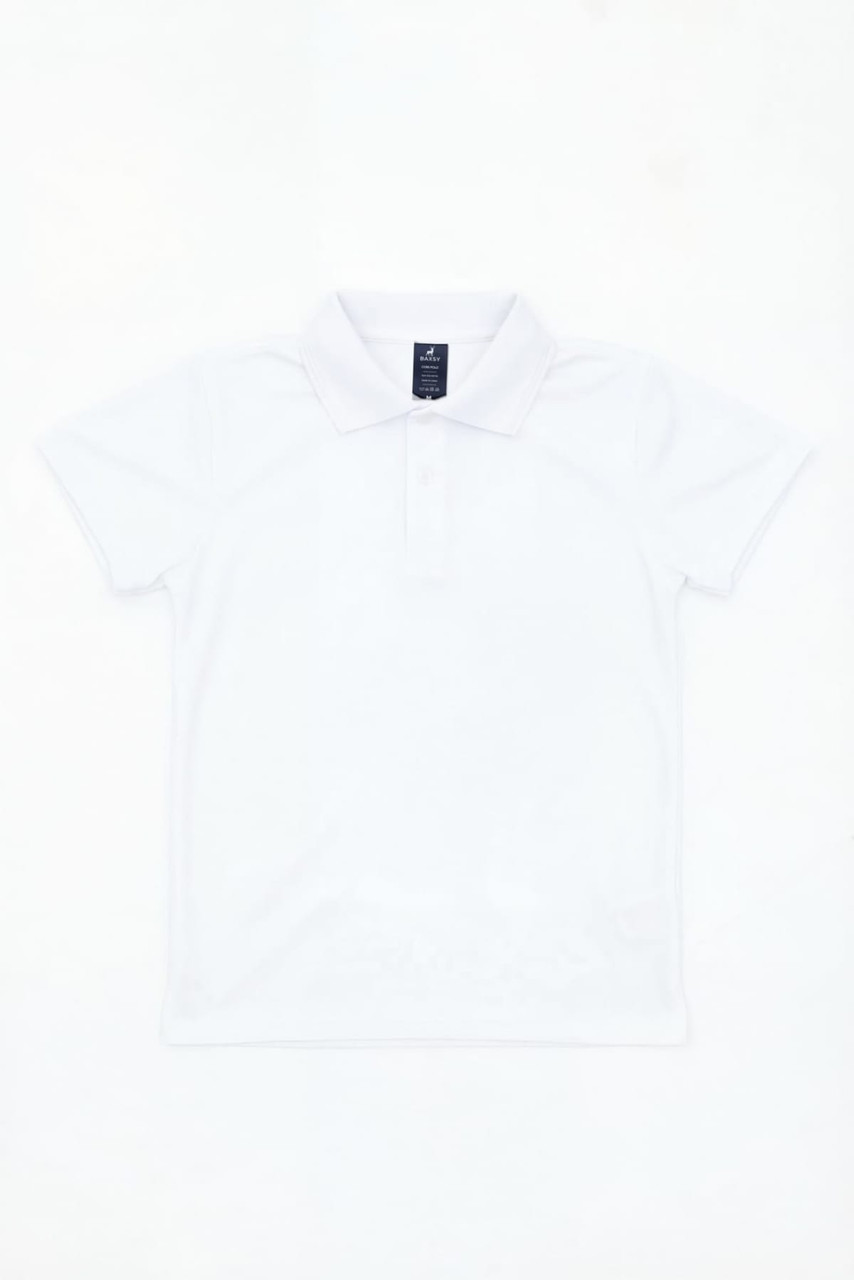 A white polo shirt featuring a classic collar and short sleeves, with a logo on the chest area.