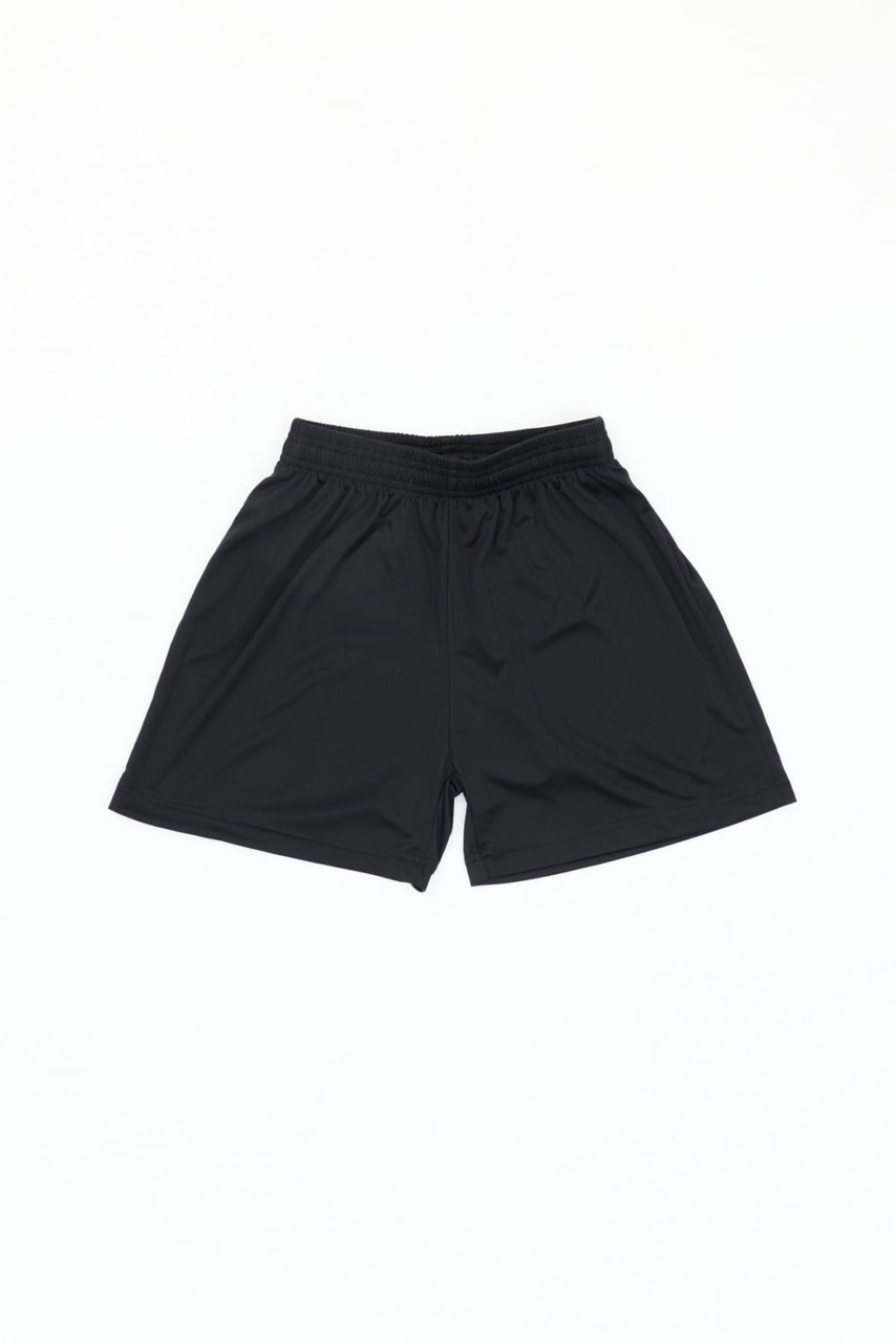 Black sports shorts with an elastic waistband and a logo. Ideal for athletic wear.