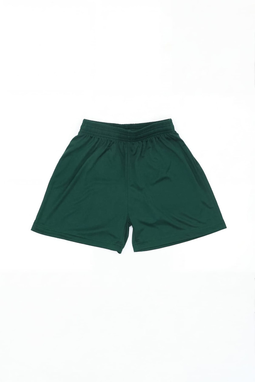 Green sports shorts featuring an elastic waistband and a logo. Ideal for a variety of athletic activities.