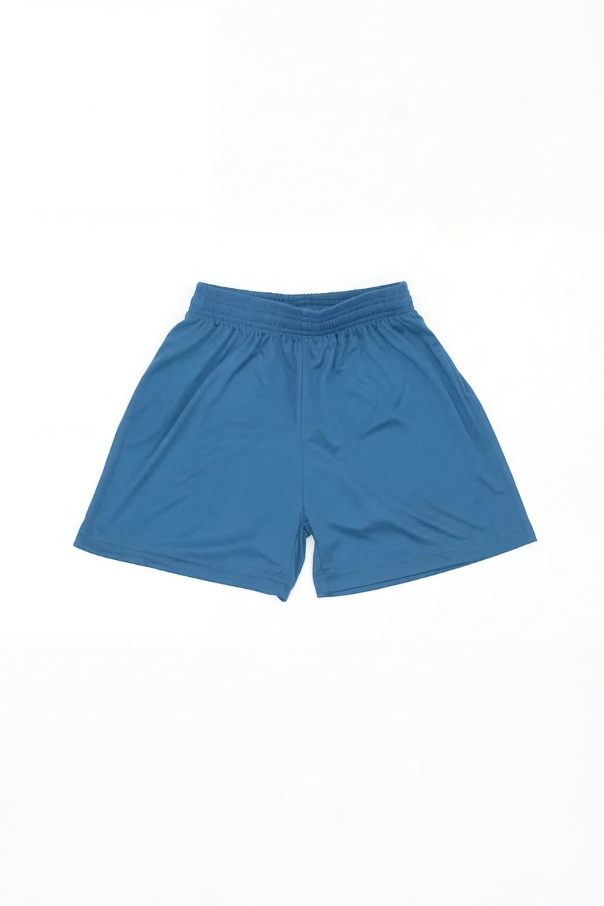 Blue sports shorts with an elastic waistband, featuring a simple design and a logo on one side.