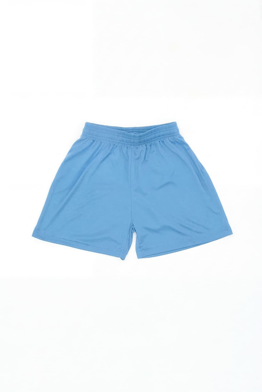 Light blue sports shorts featuring an elastic waistband and a logo. Perfect for active youth wear.