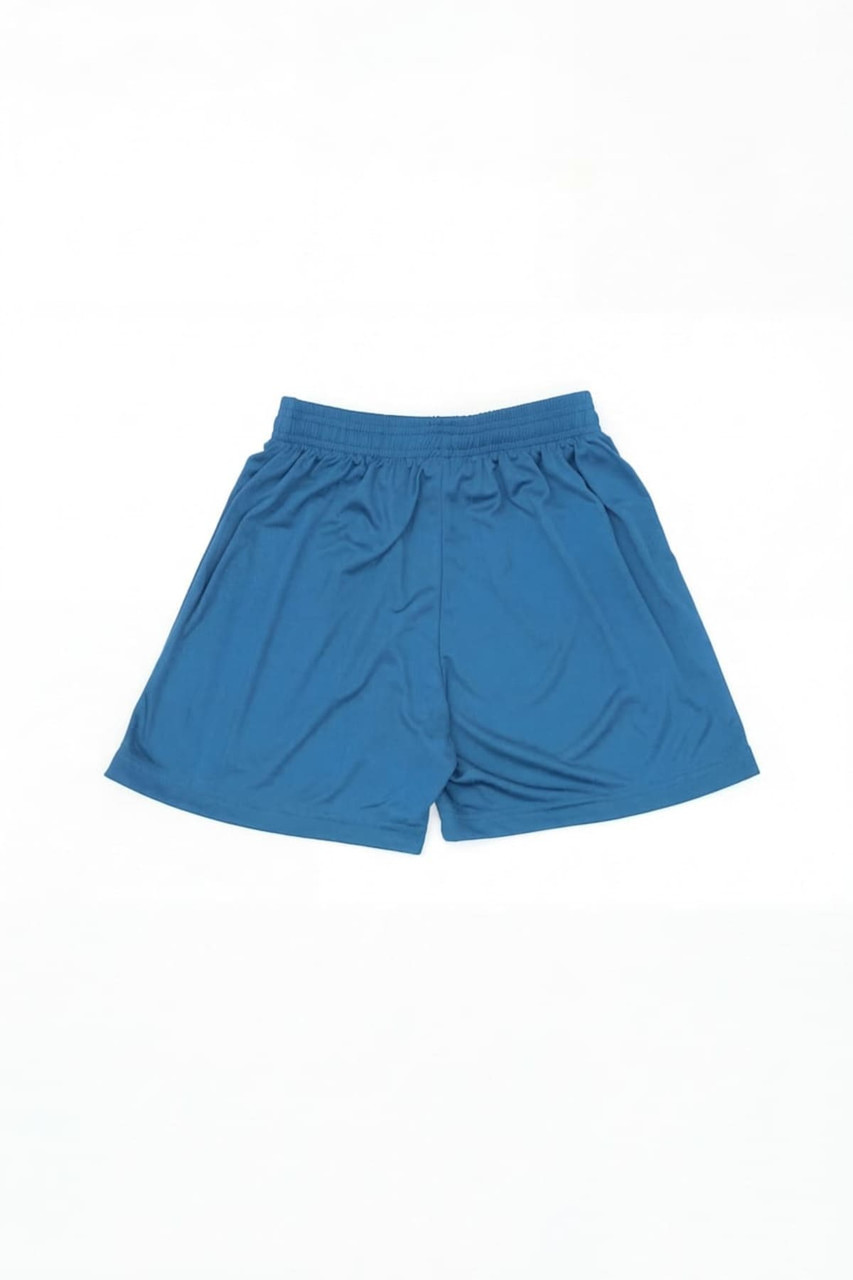 A pair of blue sports shorts with an elastic waistband and a smooth texture, featuring a logo on the front.