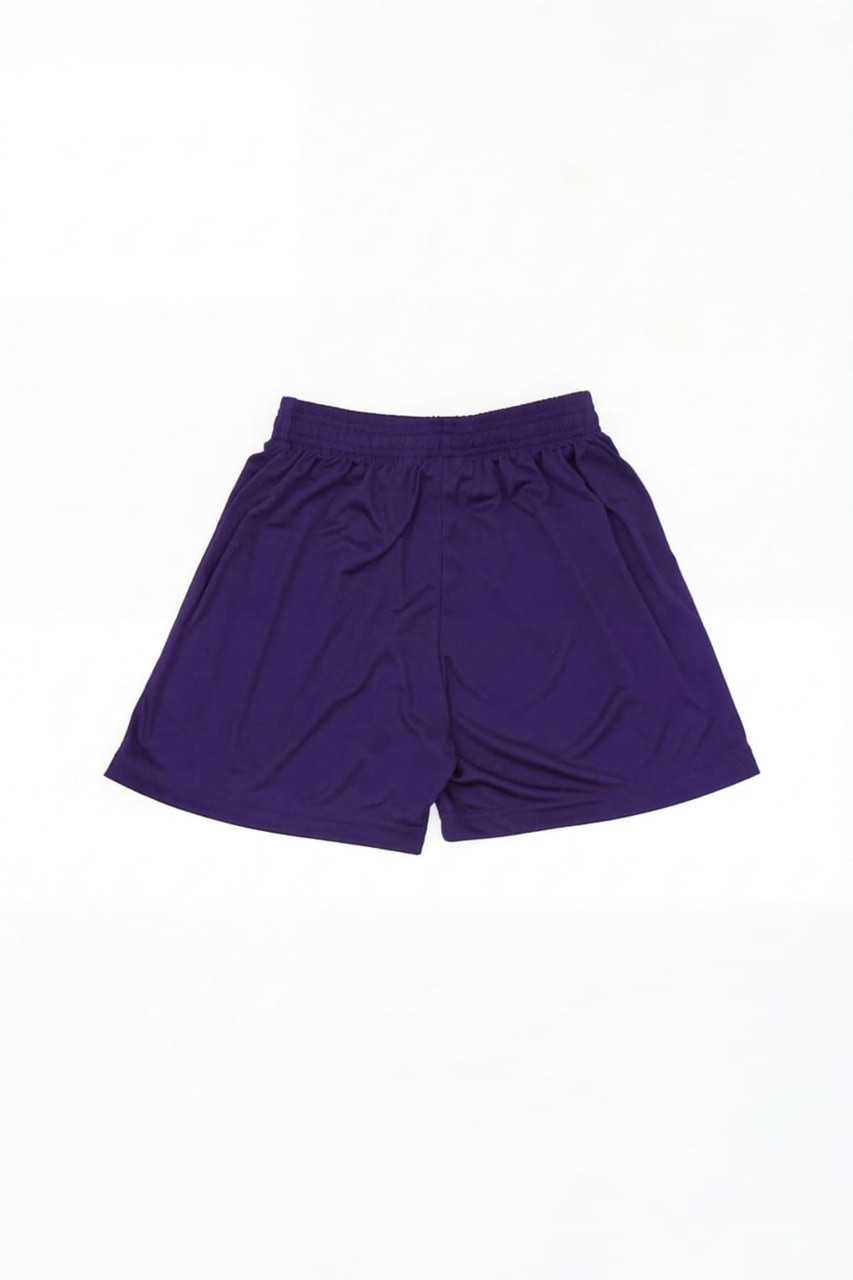 Purple sports shorts with an elastic waistband, featuring a logo on the side. They are lightweight and suitable for activewear.
