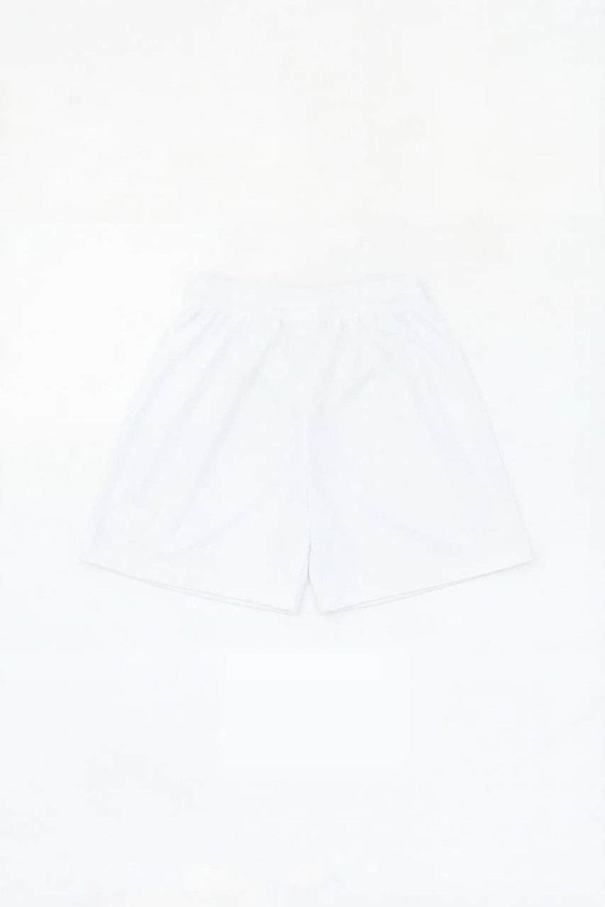 A pair of white sports shorts with an elastic waistband and a logo.