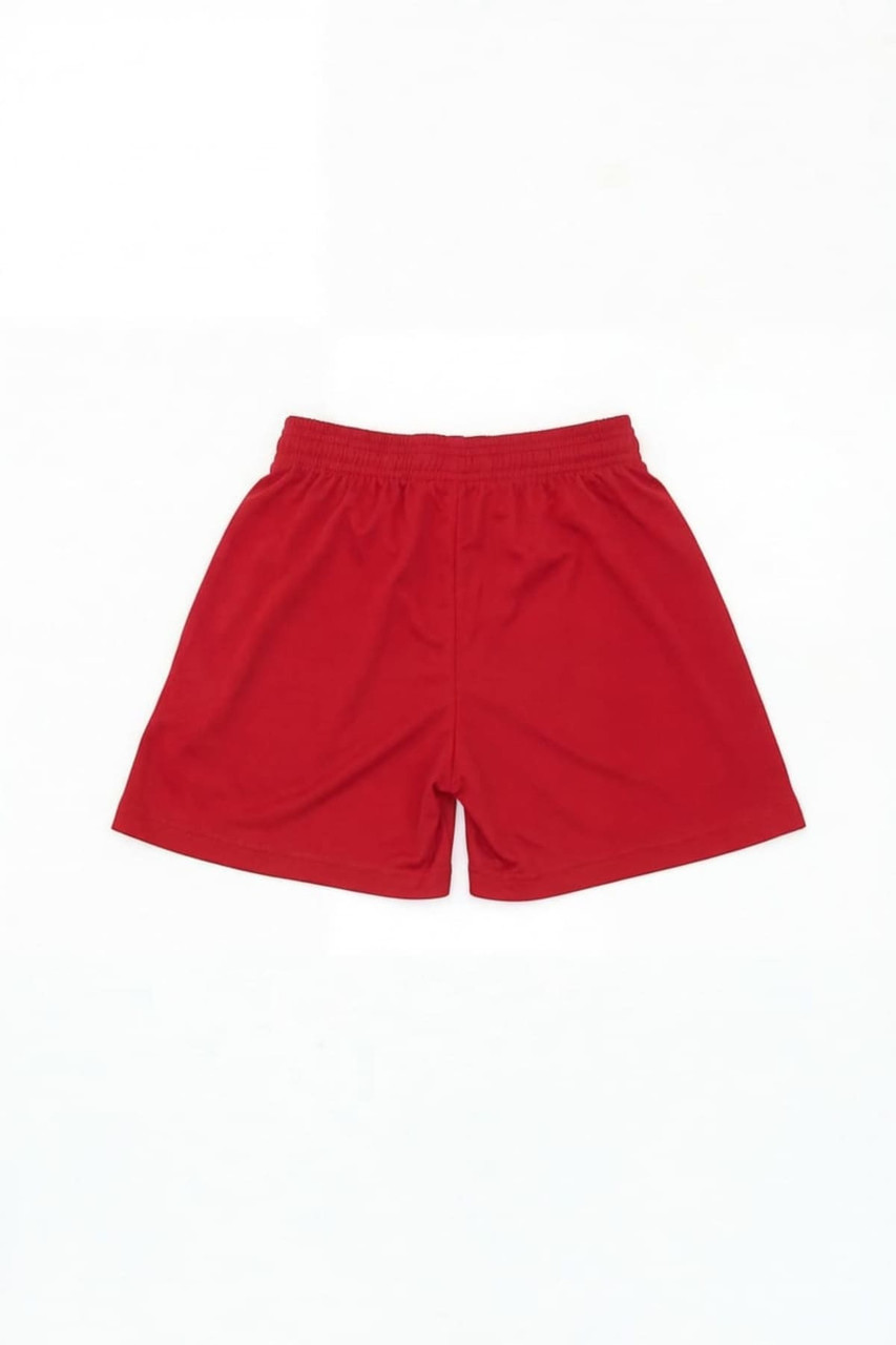 Red sports shorts with an elastic waistband, featuring a logo on one side. Ideal for active wear.