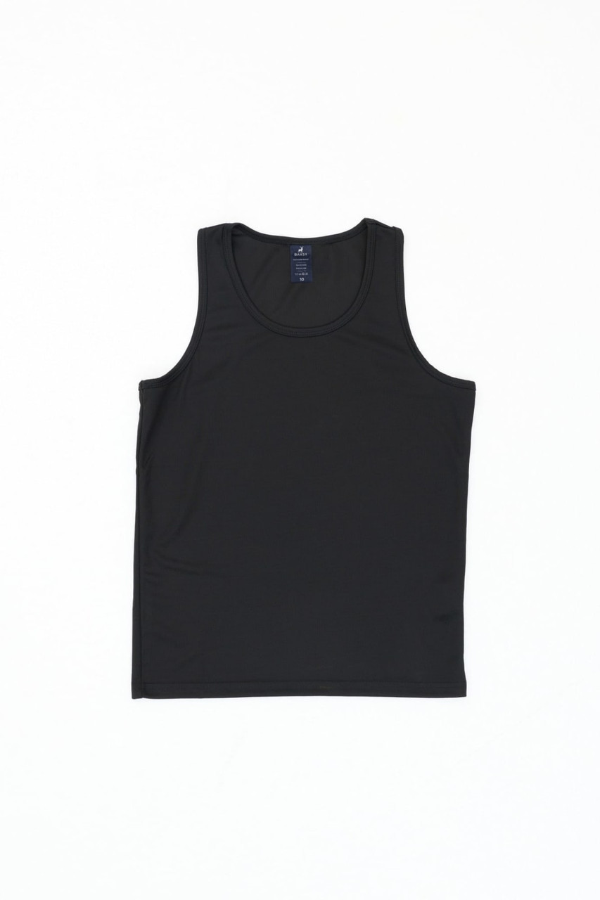 A black singlet with a smooth fabric texture, featuring a logo at the neckline.