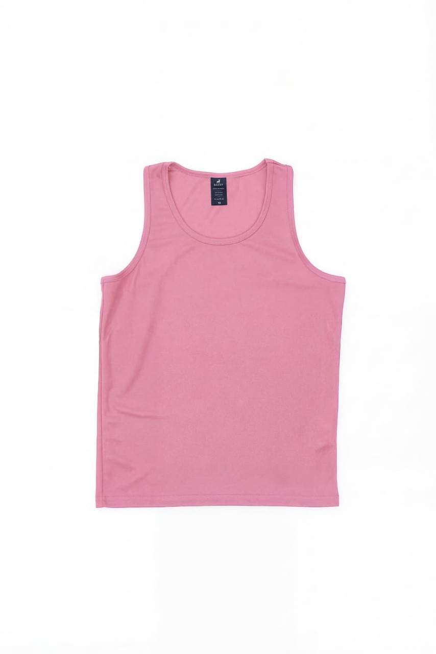 A pink youth singlet with a simple design and a logo at the neckline. Suitable for sports and casual wear.