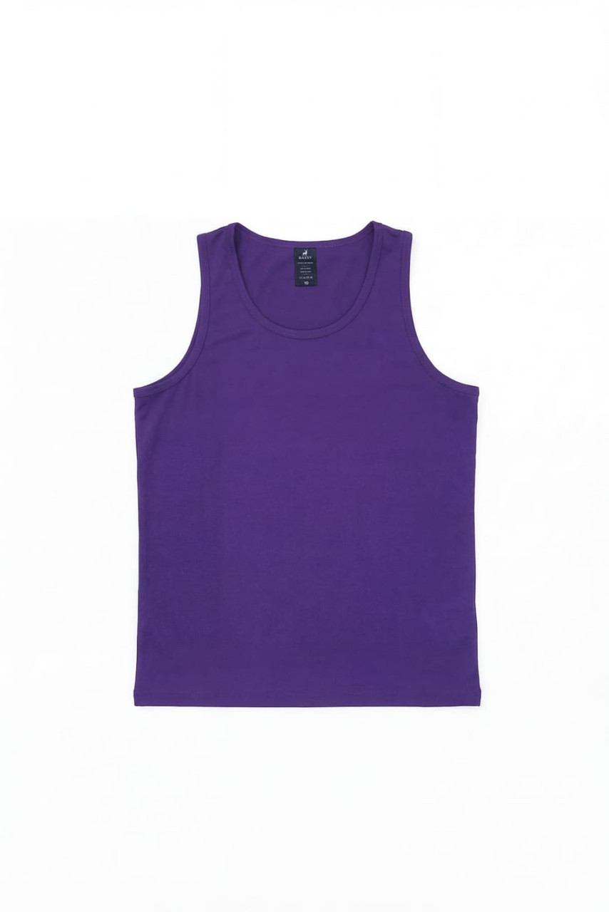 A purple youth singlet with a simple design and a label at the neckline. It has a logo.