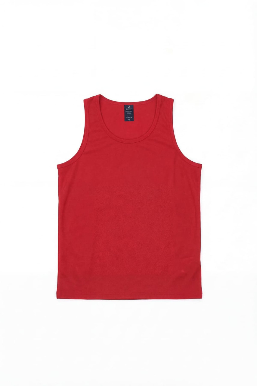 A red singlet featuring a crew neck design and a label on the interior. It has a plain style and no visible logos.