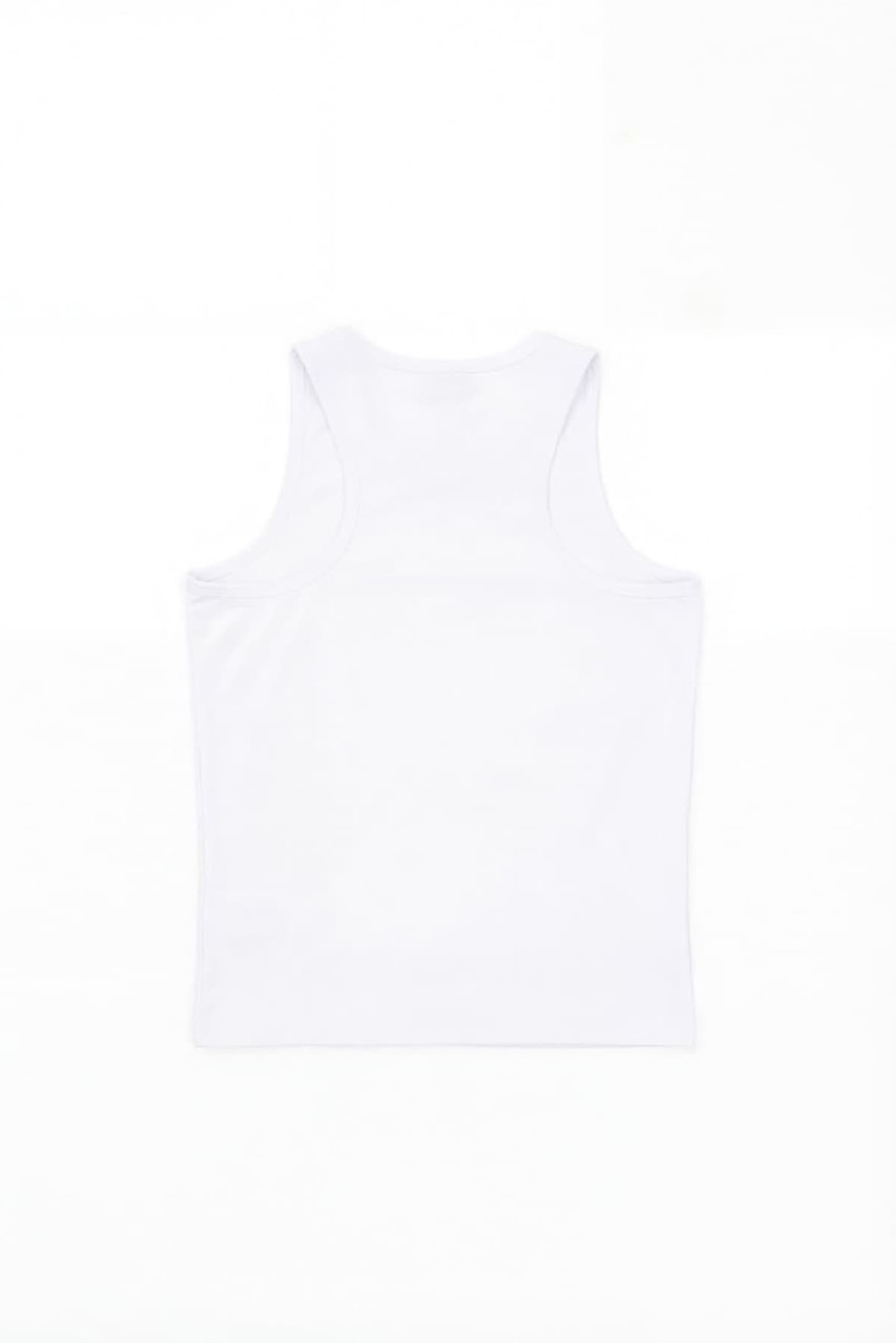 A white youth singlet featuring a simple design and strap shoulders, with a branding logo on the back.