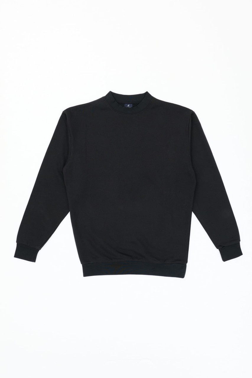 A black jumper with long sleeves and a round neckline, featuring a logo on the front.