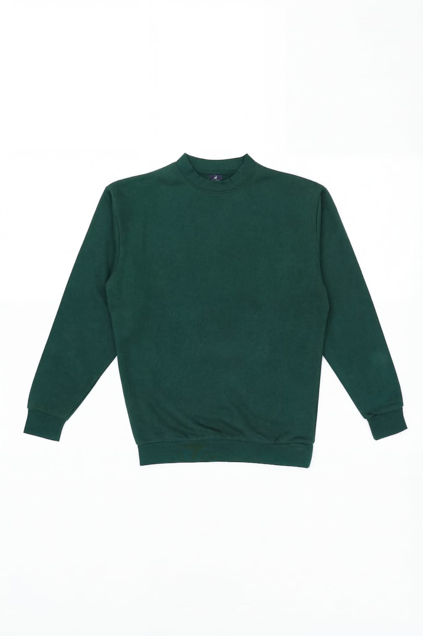 A green jumper featuring a round neck and long sleeves, with a logo on the front.