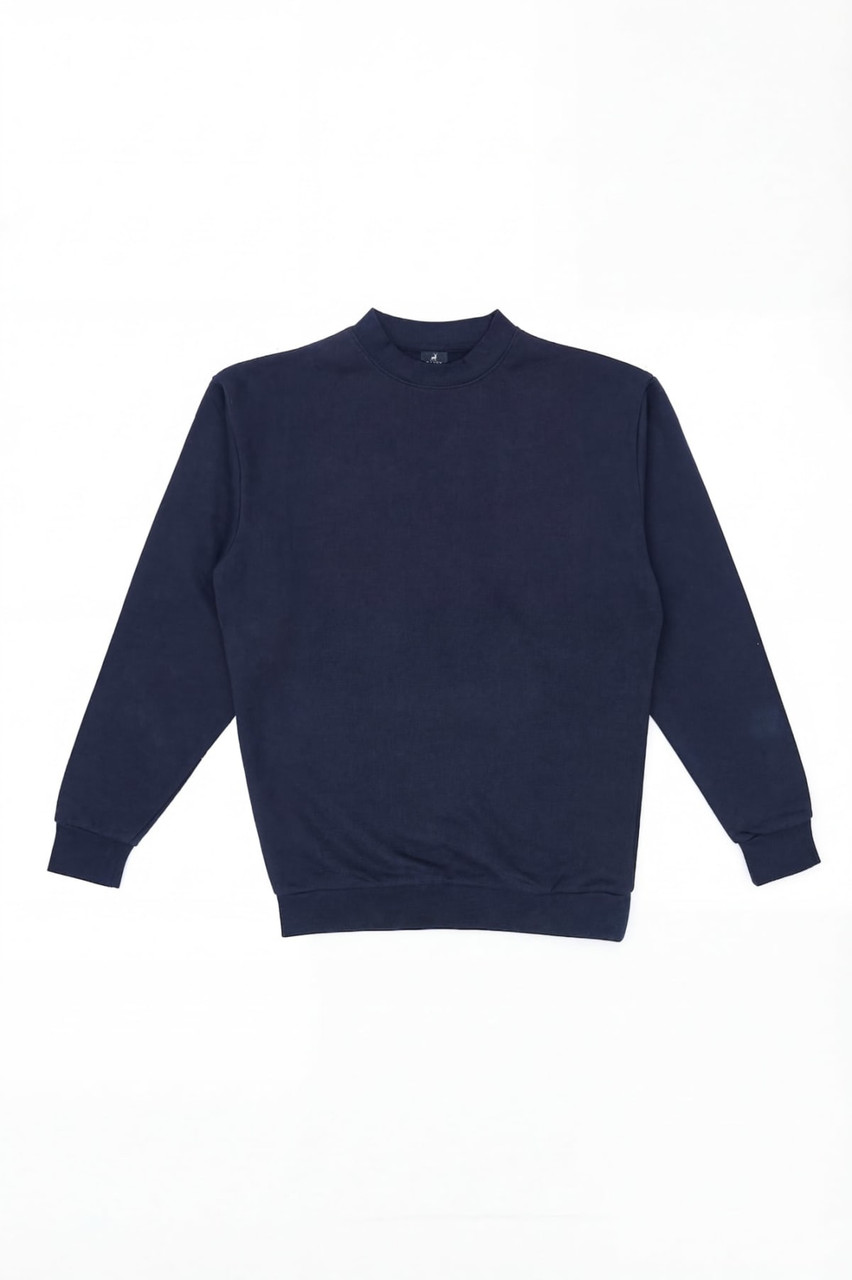 A navy blue crew jumper with long sleeves and a round neckline, featuring a logo.