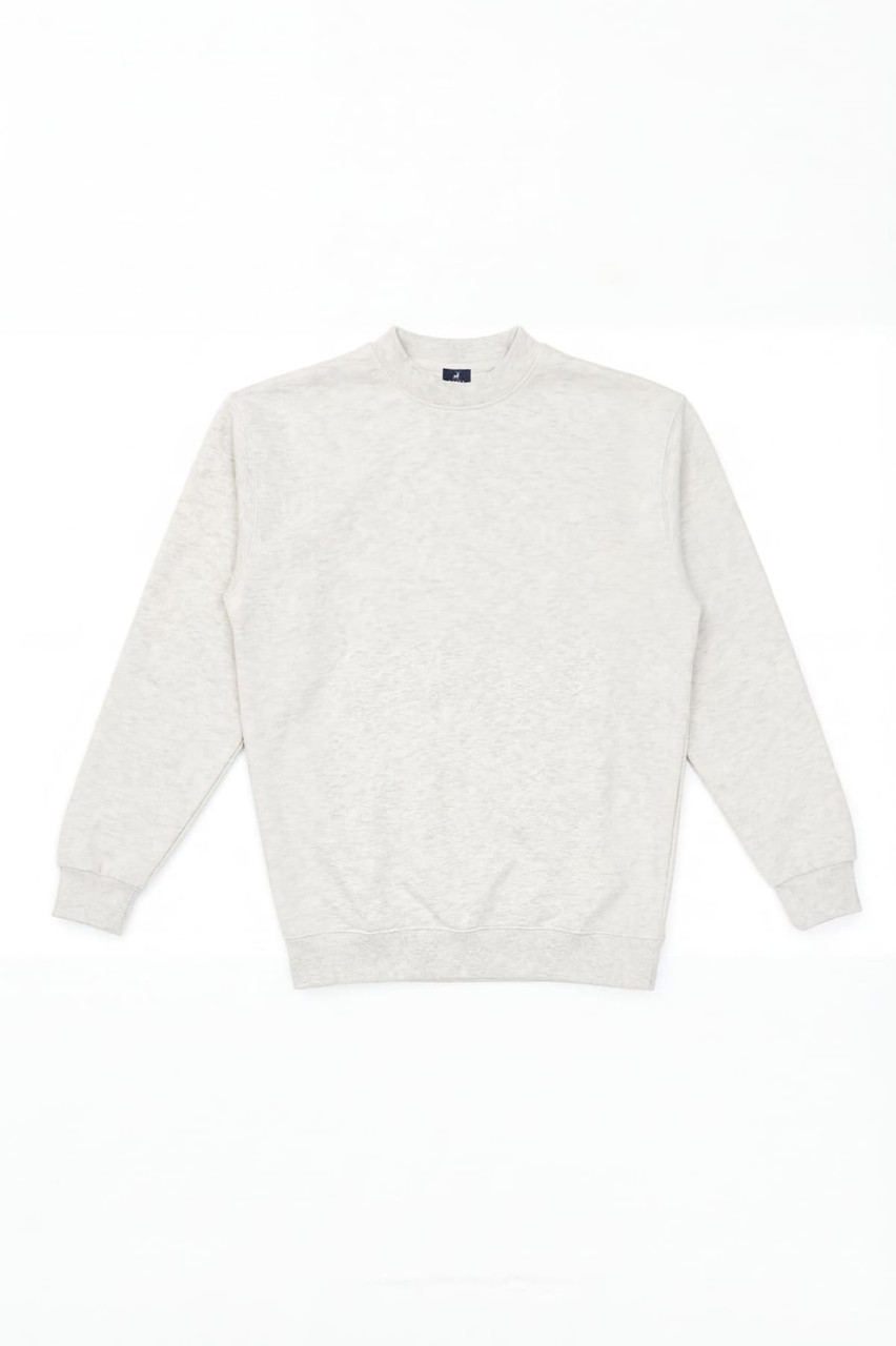 A light grey jumper with long sleeves and a round neck. It features a small logo on the front.