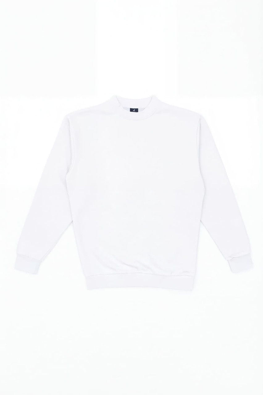 A white sweatshirt with a crew neck and long sleeves. It features a logo on the chest.