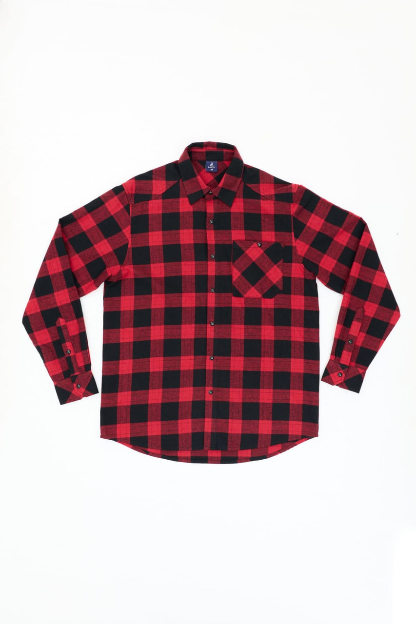 A red and black check flannel long sleeve shirt with a button-up front and a chest pocket. It has a logo.