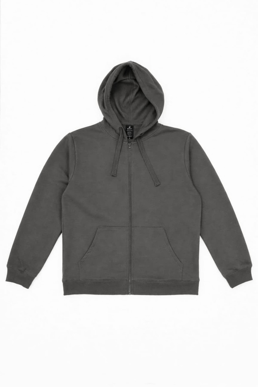 A grey zip-up hoodie featuring a front pocket and a drawstring hood, with a logo on the front.