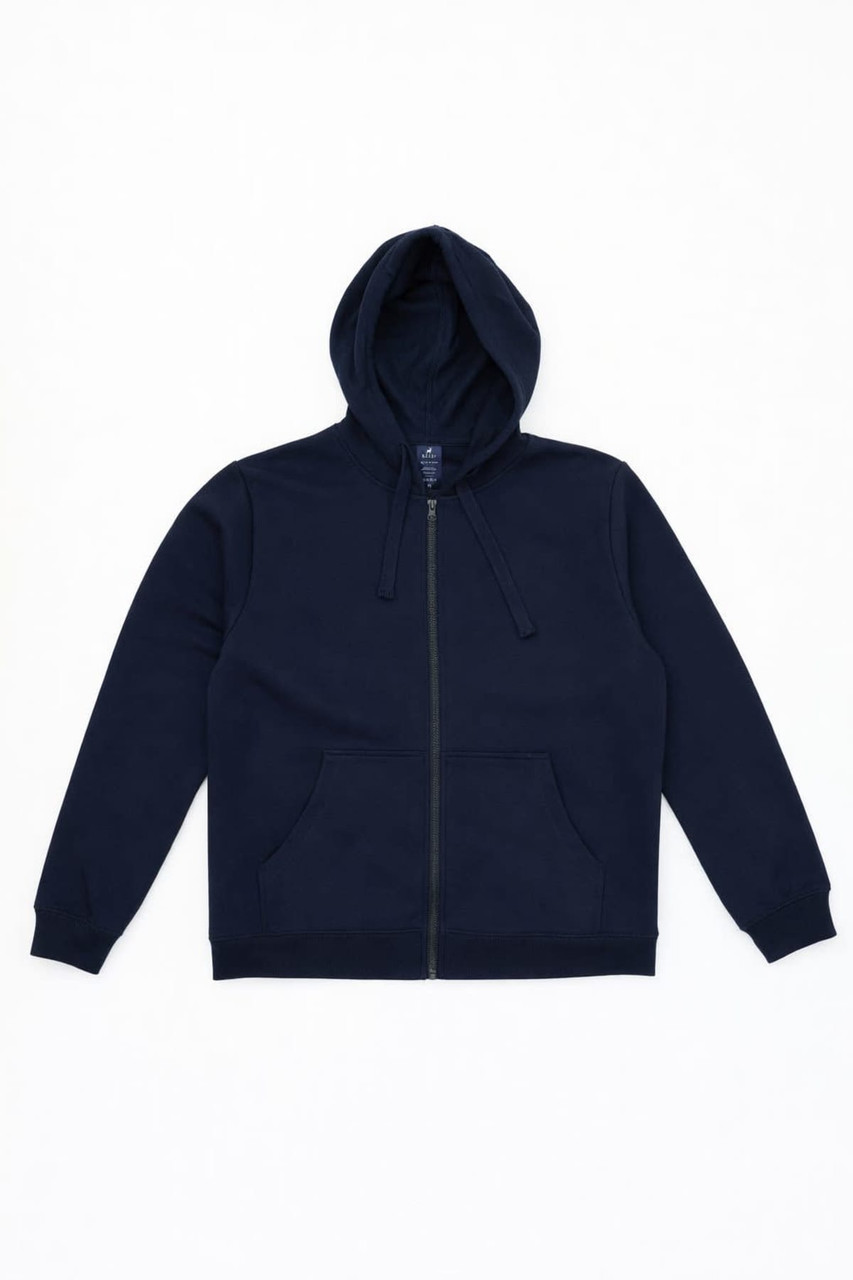 A navy zip-up hoodie featuring a hood and front pockets, with a logo on the label.