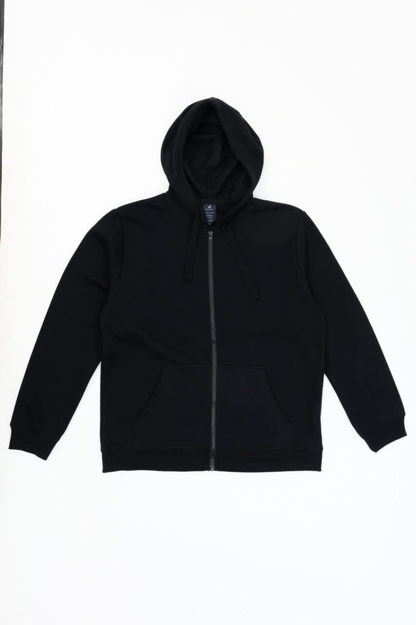 A black zip-up hoodie with a front pocket and a hood, featuring a logo on the chest.