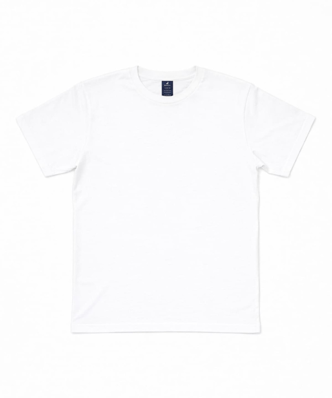 A plain white t-shirt with a round neck and short sleeves, featuring a label inside the collar.