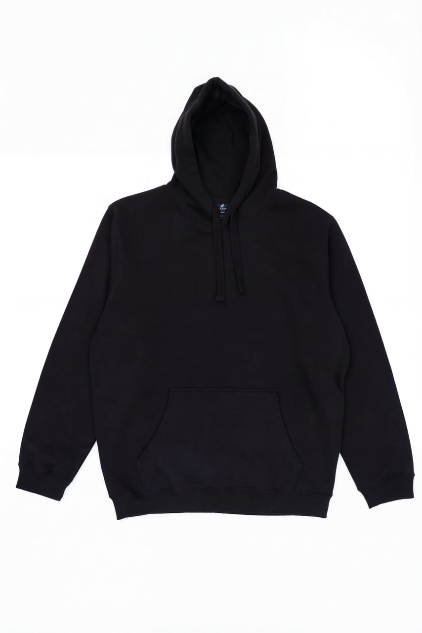 A black hoodie featuring a front pocket and drawstrings, with a logo on the front.