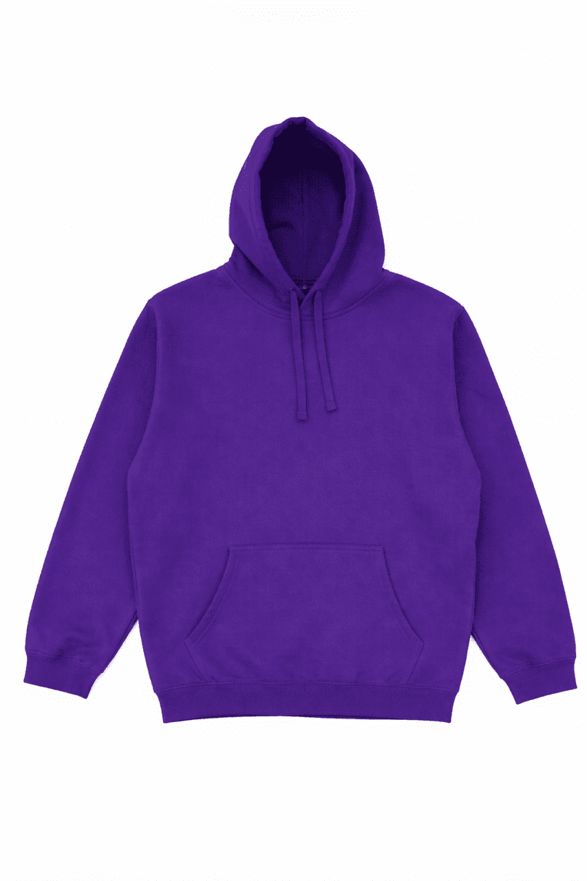 A purple hoodie featuring a front pocket and a drawstring hood, with a logo on the chest.