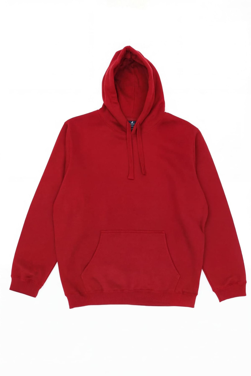 A red hoodie featuring a large front pocket and a drawstring hood, with a logo on the chest area.