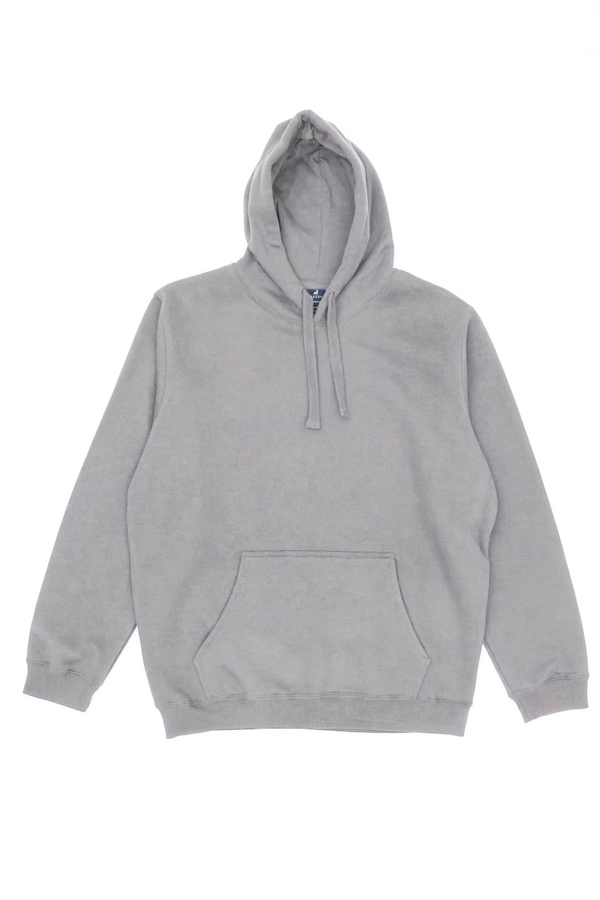 A grey hoodie with a front pocket and a drawstring hood, featuring a small logo.
