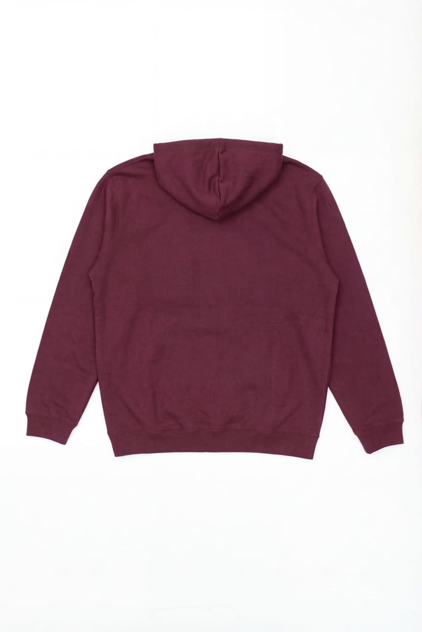 A maroon hoodie featuring a hood and long sleeves, with a simple design and a logo on the back.