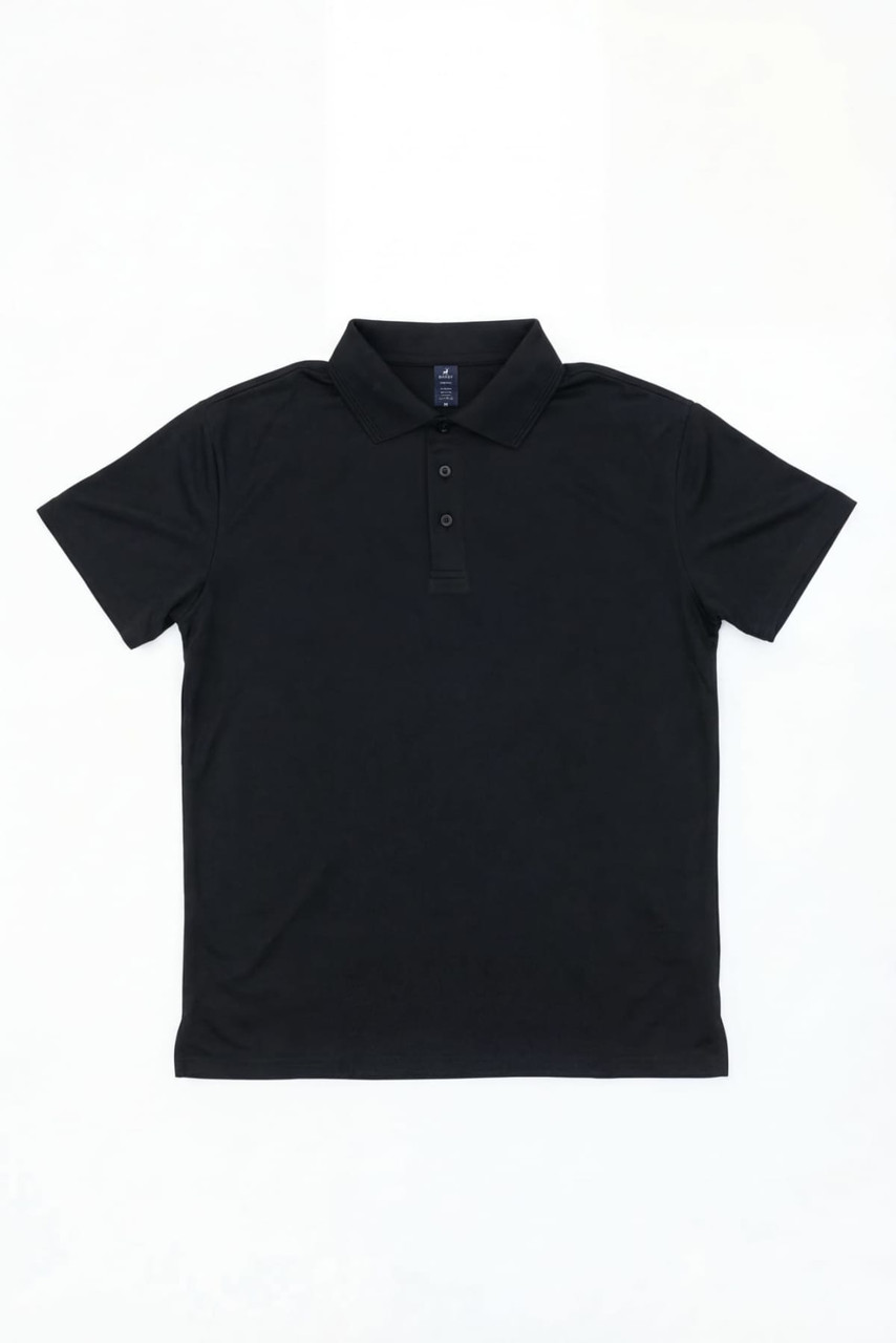 A black polo shirt featuring a collar and three buttons, with a logo on the chest.