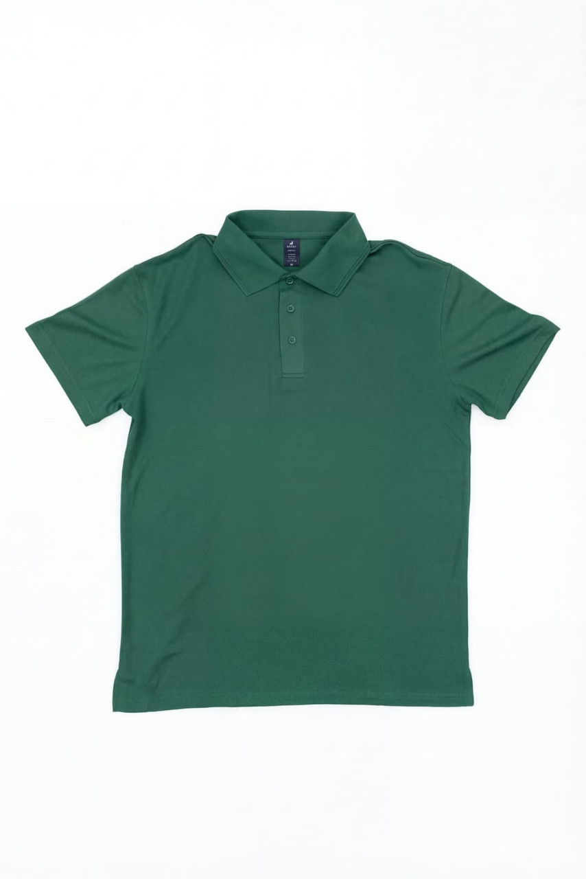A green polo shirt with a collar and three buttons, featuring a logo.