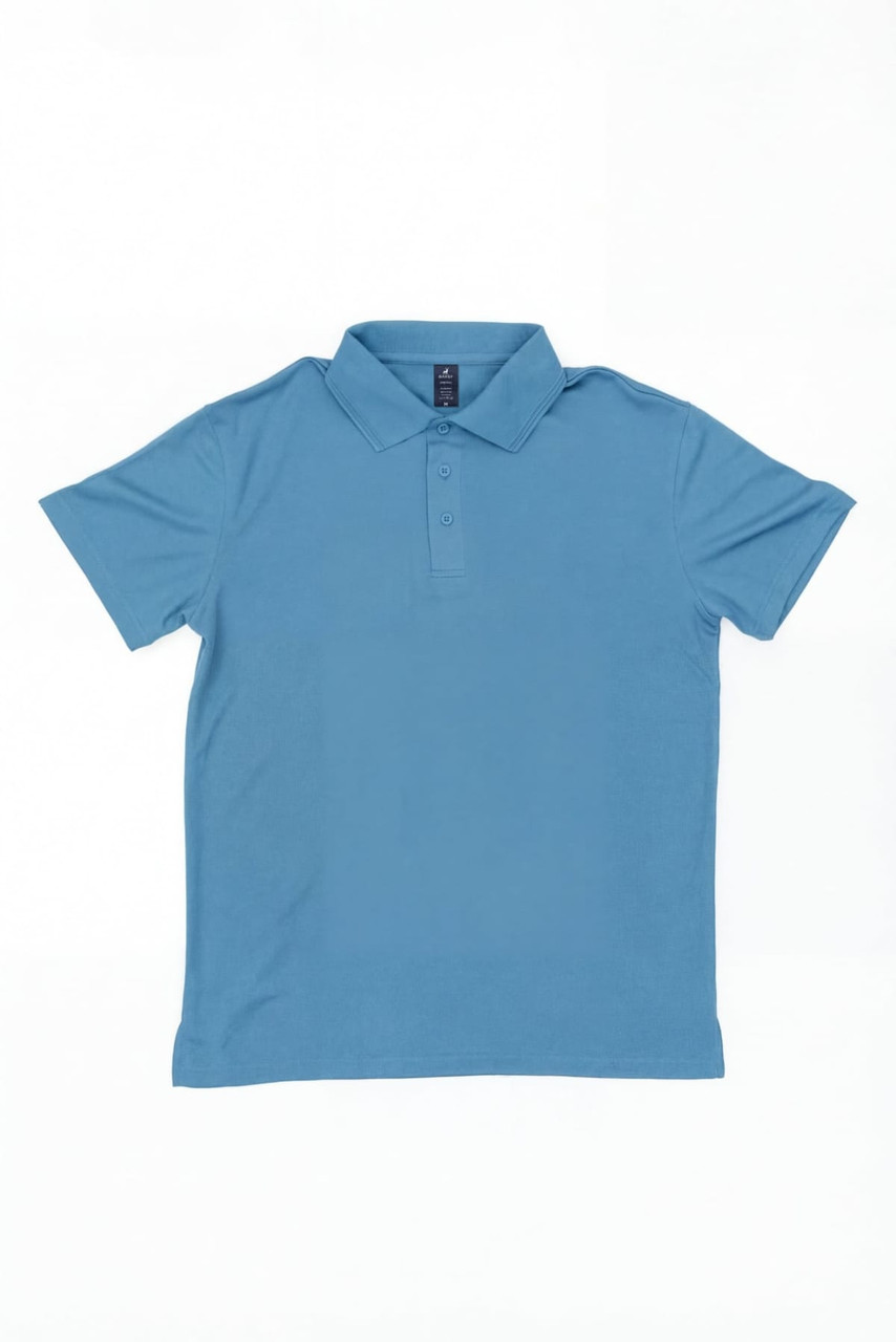 A light blue polo shirt with a collar and short sleeves, featuring a logo.