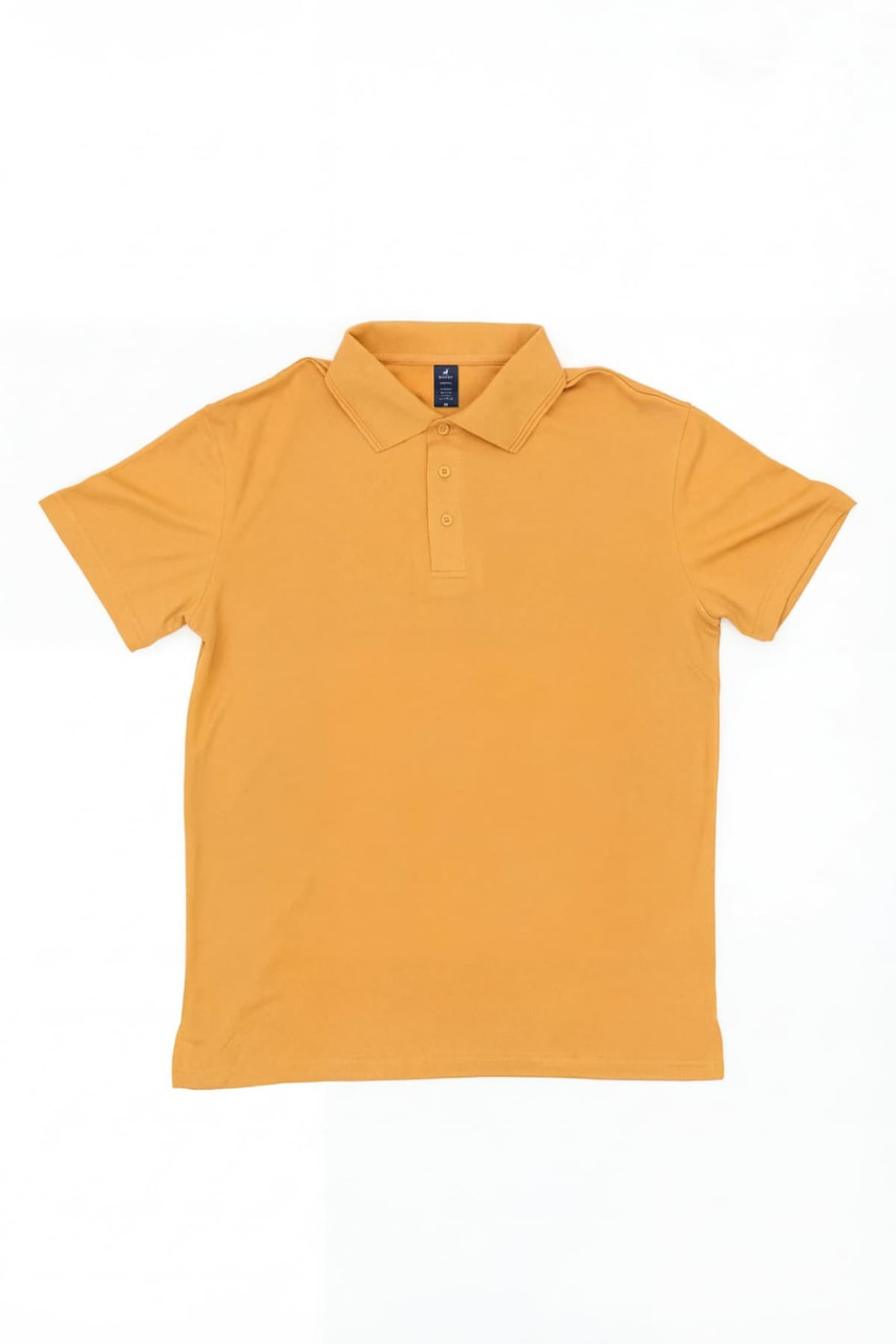 A short-sleeved polo shirt in a vibrant yellow colour with a collar and three-button placket, featuring a logo.