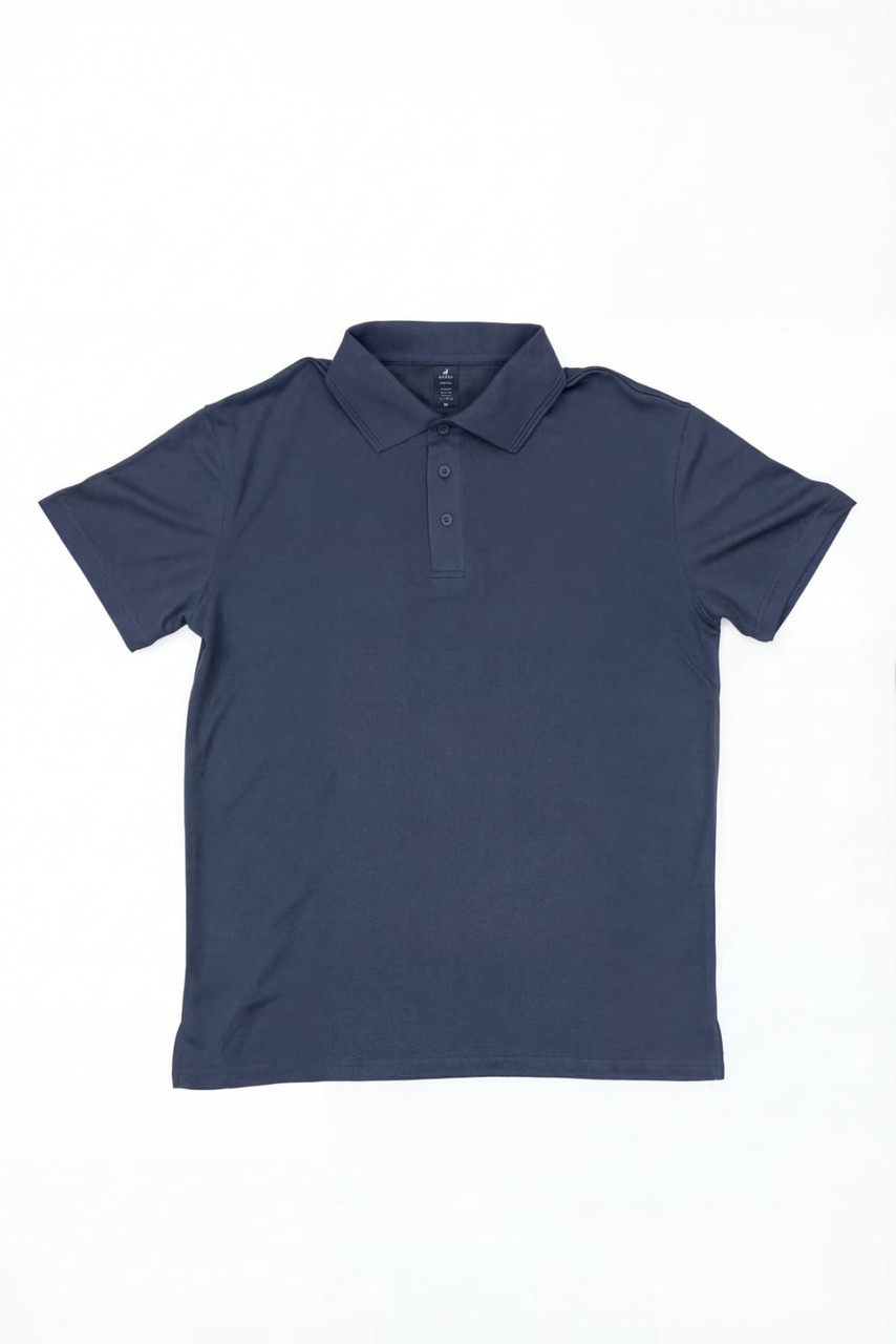A navy blue polo shirt featuring a collar and three buttons, with a logo on one side.