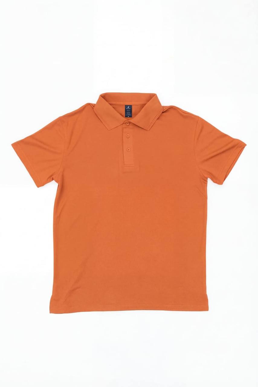 An orange polo shirt featuring a collar and a logo on the chest.