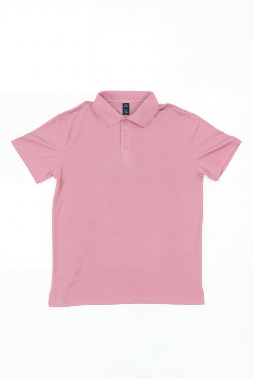 A pink polo shirt with a collar and a logo, featuring short sleeves and a placket with buttons.