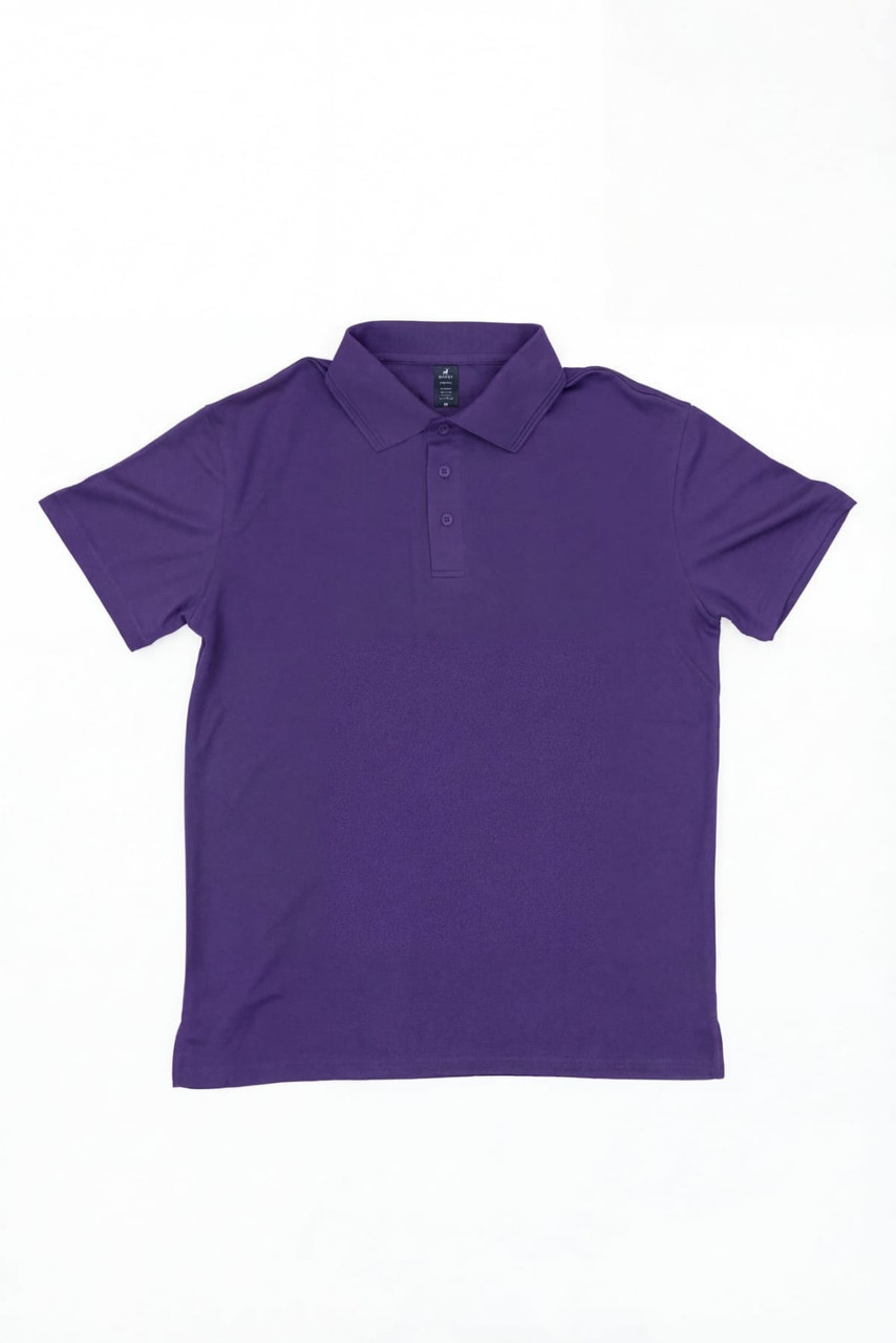 A purple polo shirt with a collar and short sleeves, featuring a logo on the chest.