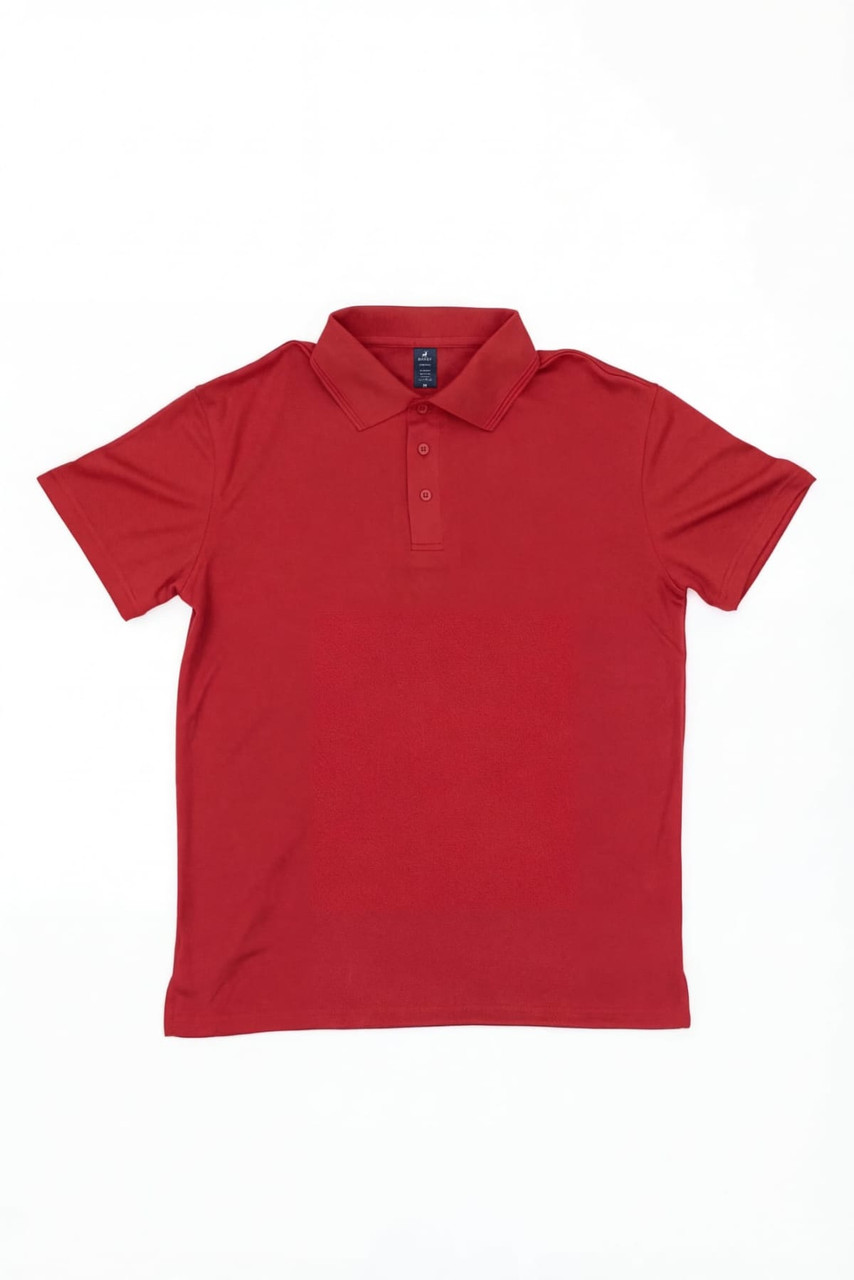 A red polo shirt with a collar, three buttons, and a logo on the chest.