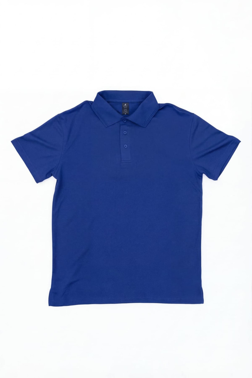 A blue polo shirt with a collar and three buttons, featuring a logo on the chest.
