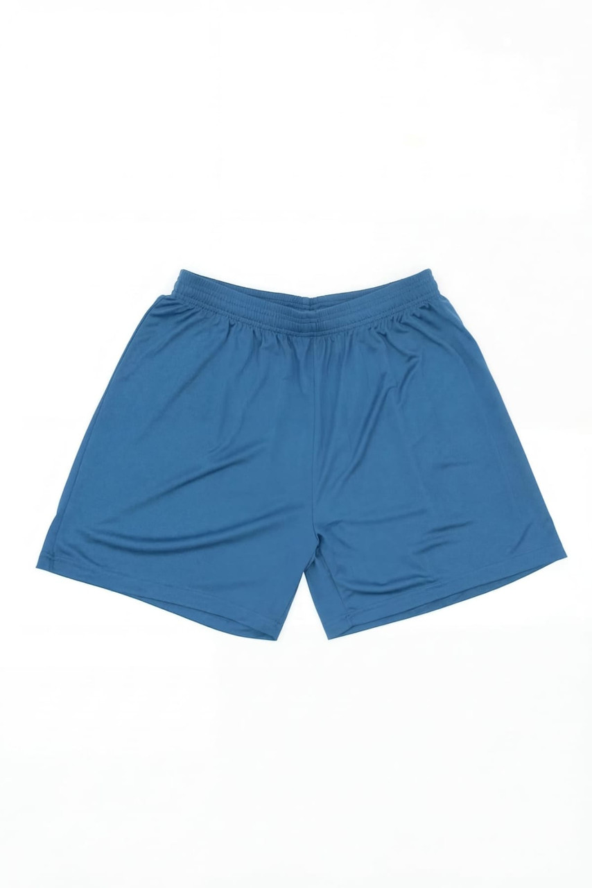 A pair of blue sports shorts with an elastic waistband and no visible logos or branding.