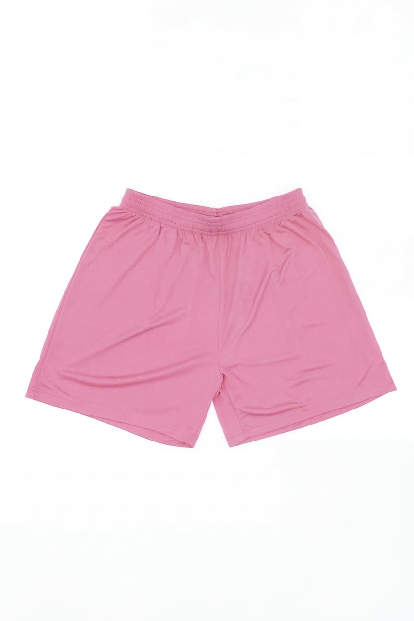 Pink sports shorts featuring an elastic waistband and a simple design, including a logo on the fabric.