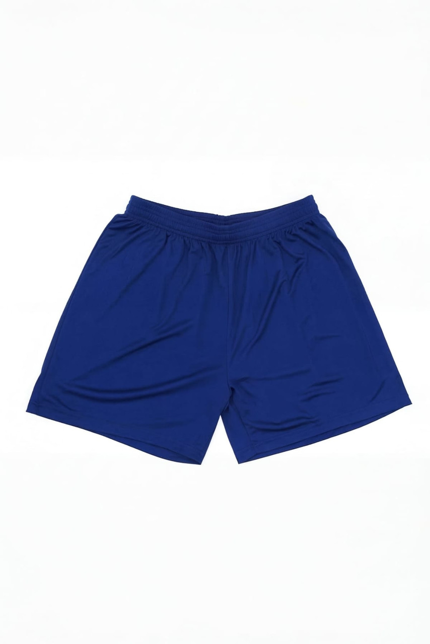 A pair of blue sports shorts with an elastic waistband, featuring a logo.