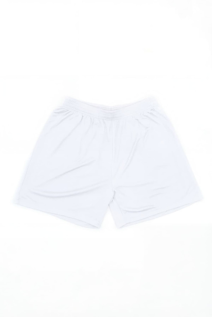 White sports shorts with an elastic waistband, featuring a logo on the side.