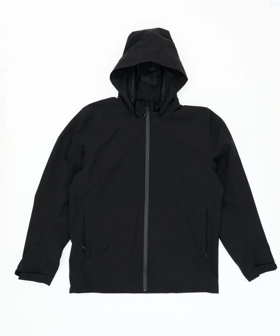 A black rain jacket with a hood, featuring a full front zip and side pockets, including a logo.