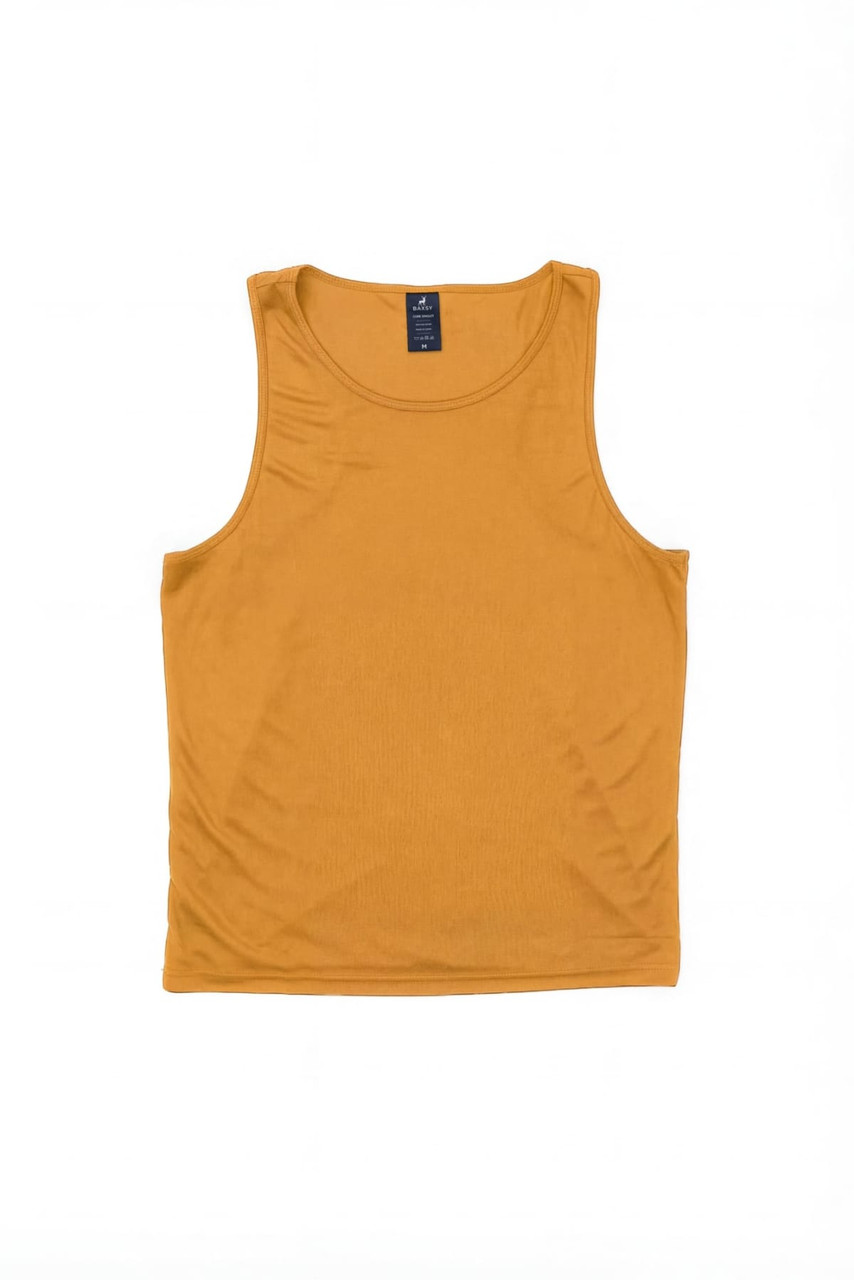 A mustard yellow singlet featuring a round neckline and branding on the interior label.